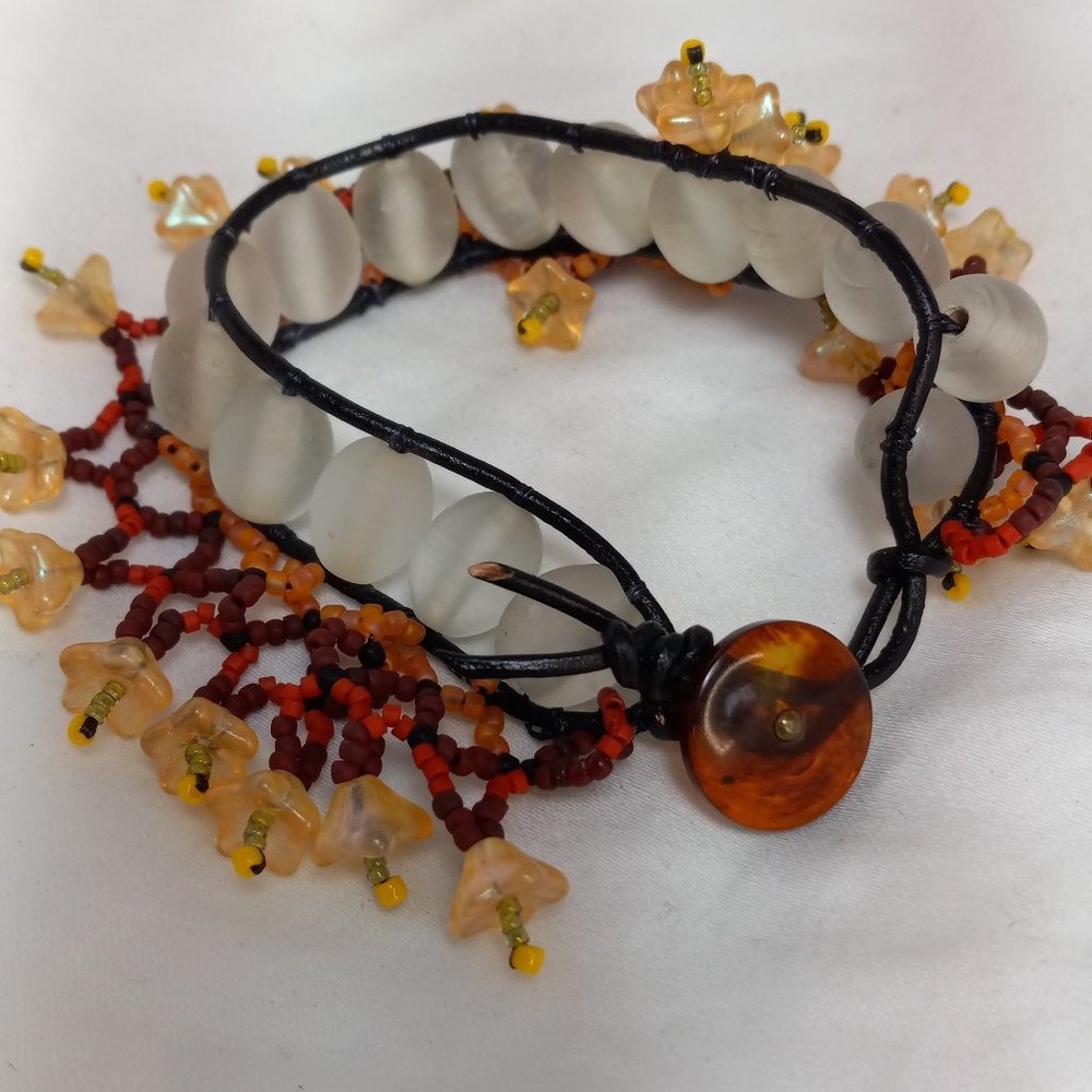 Woven Bracelet with Vintage Clear Glass Beads, Beaded Netting, Flowers